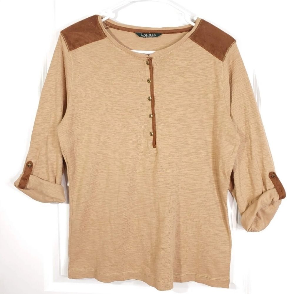LRL Ralph Lauren Shirt Size Large Tan Beige Henley Women’s Top Faux Suede Patch